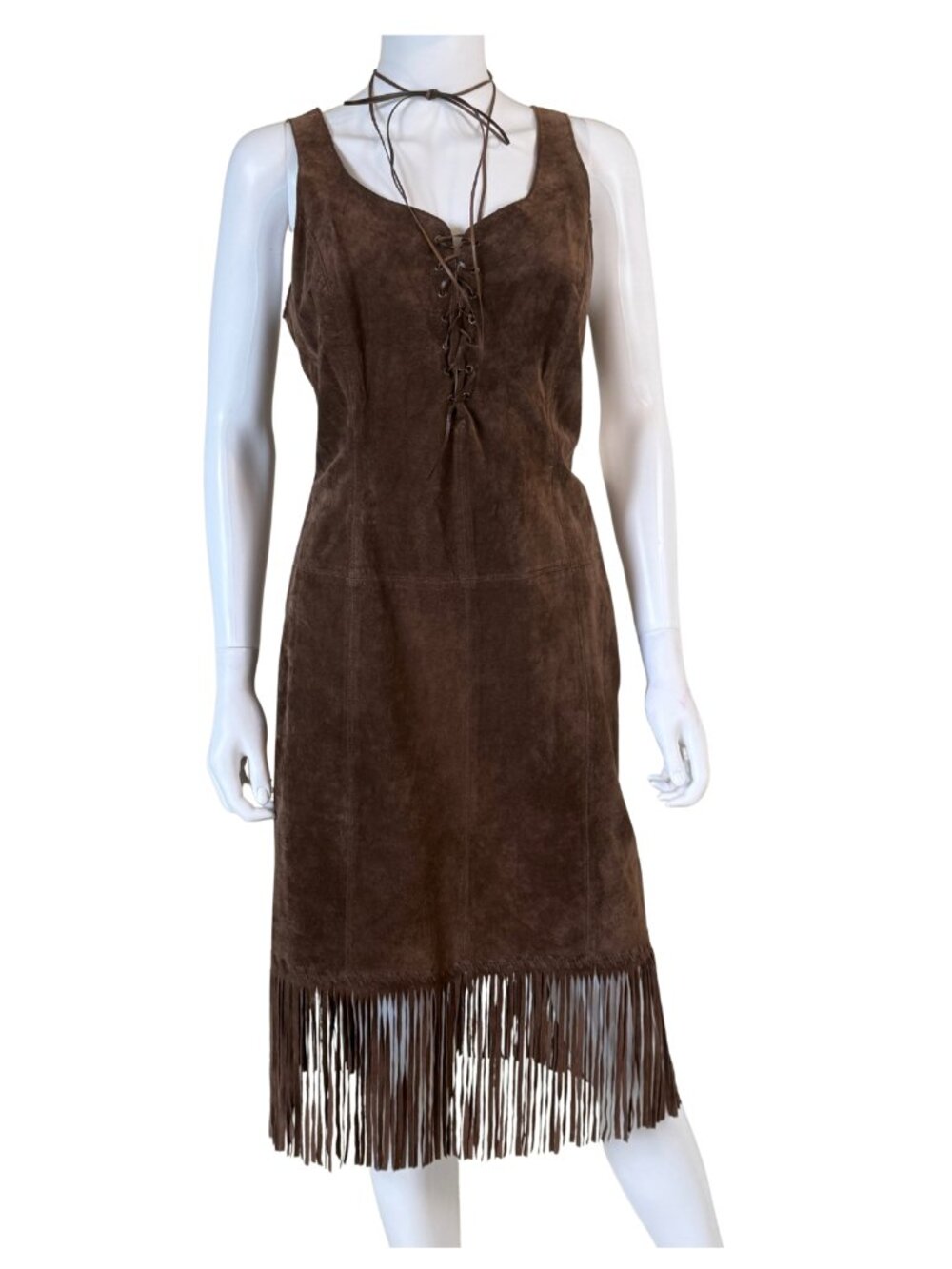 ECI New York Brown Genuine Suede Leather Fringe Dress – Size 10
